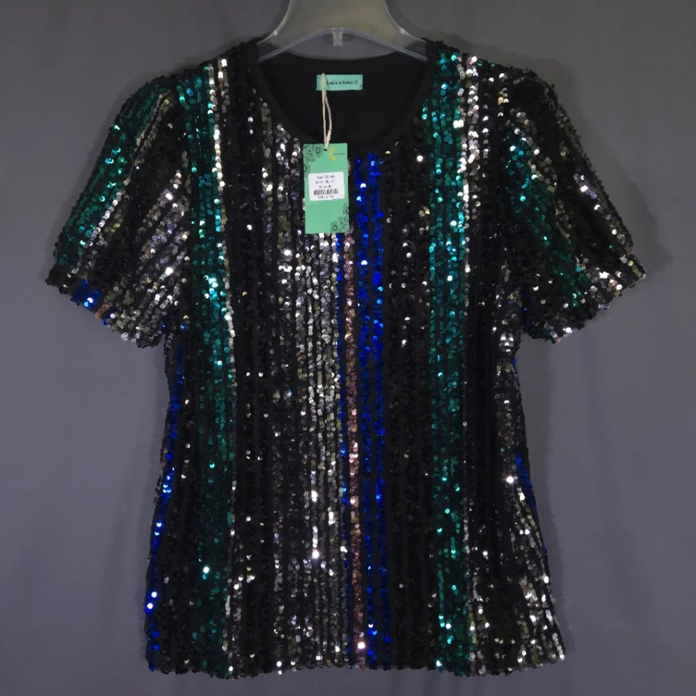 NWT Sunshine & Rodeos Let it Shine Sequin Top Size M. Striped Party Festive Rave - Picture 2 of 8
